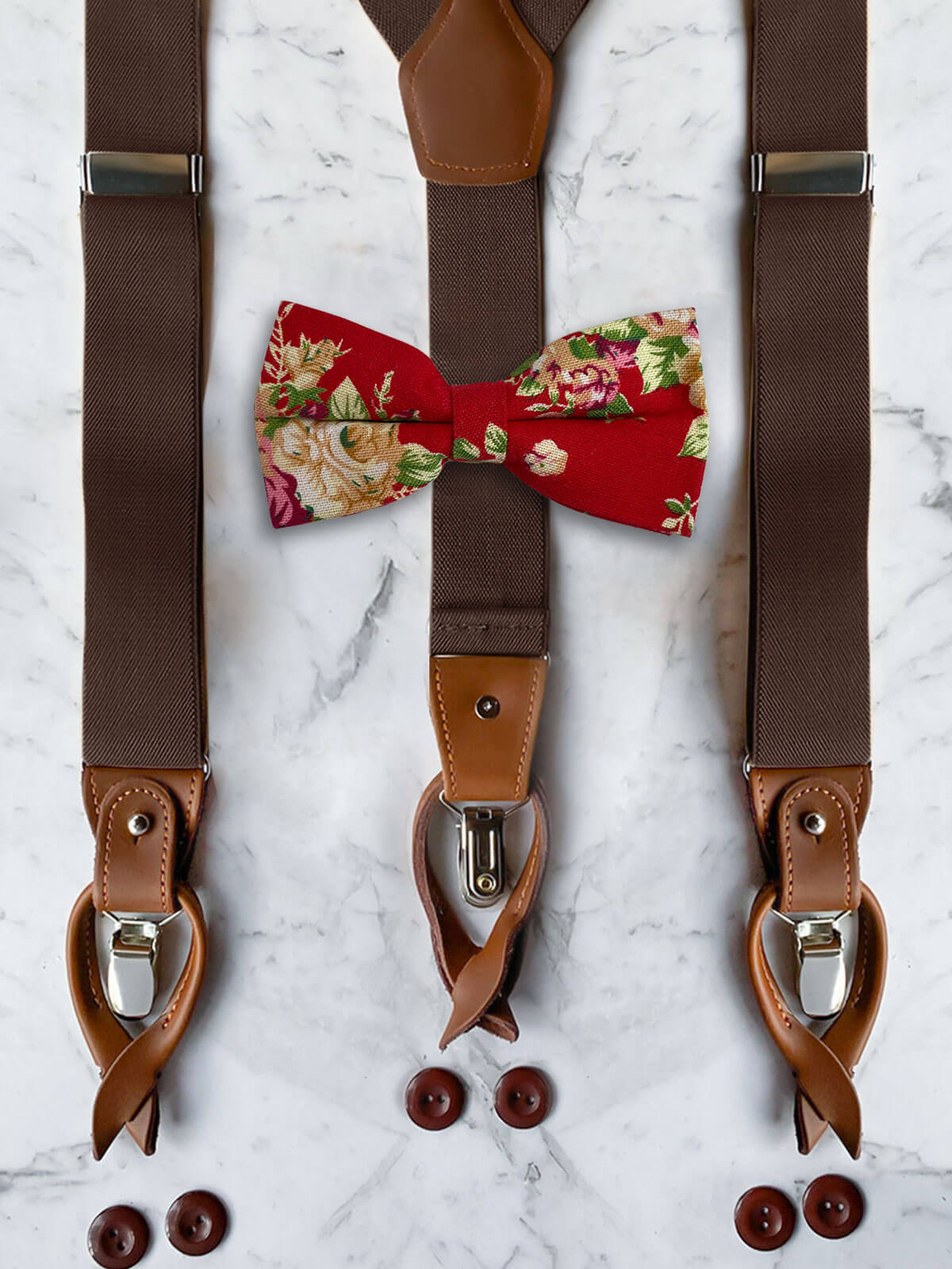Chocolate Leather Trim Suspenders & Linen/Cotton Floral Bow Tie Set