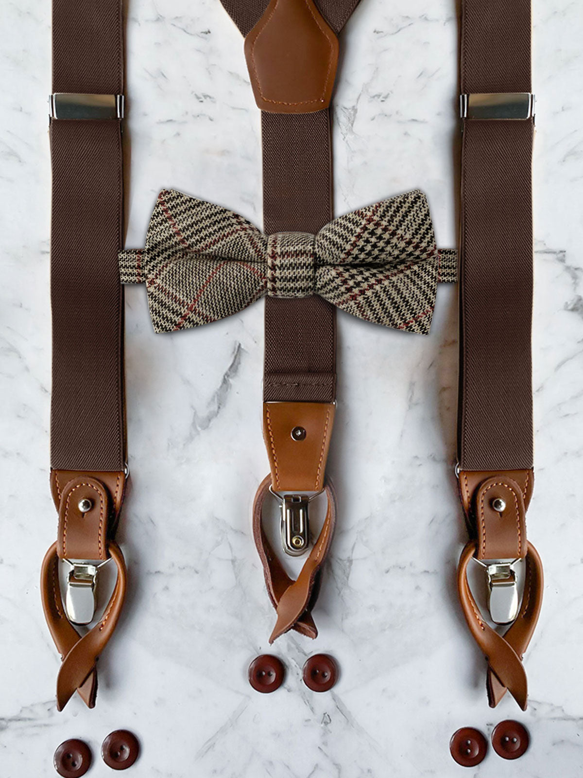 Chocolate Brown Leather Trim Suspenders & Woollen Bow Tie Set