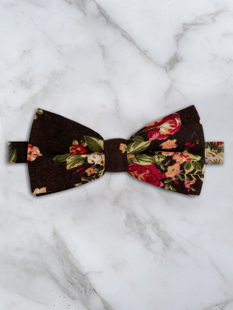 Chocolate Brown Linen Floral Bow Tie