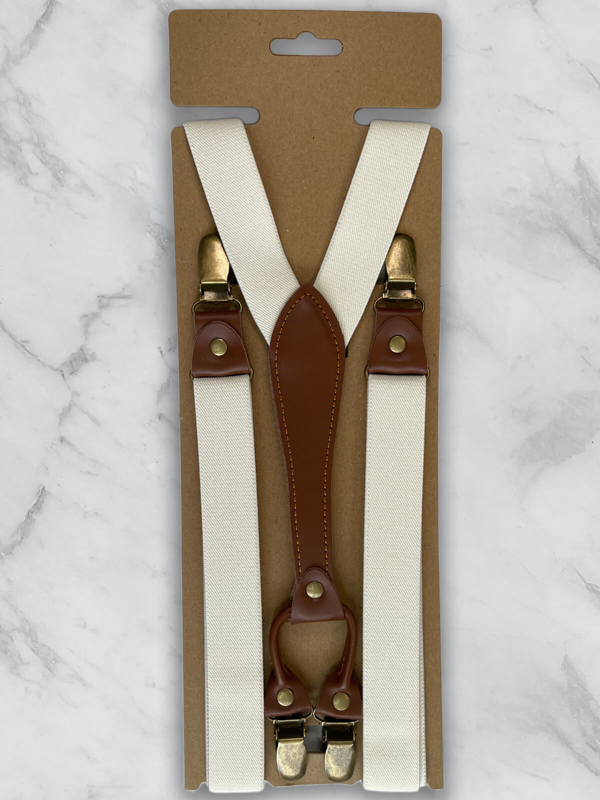 Cream Slimline Leather Trim Lightweight Suspenders Bowtie & Arrow