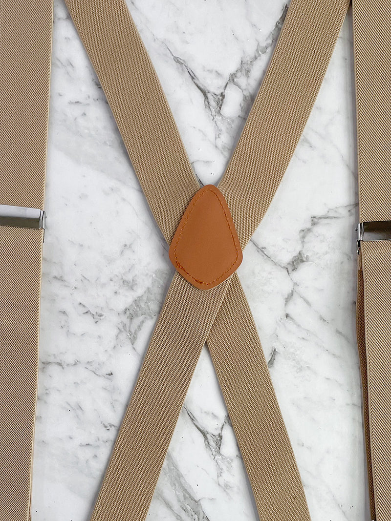Oatmeal Leather Trim X-Back Button Suspenders