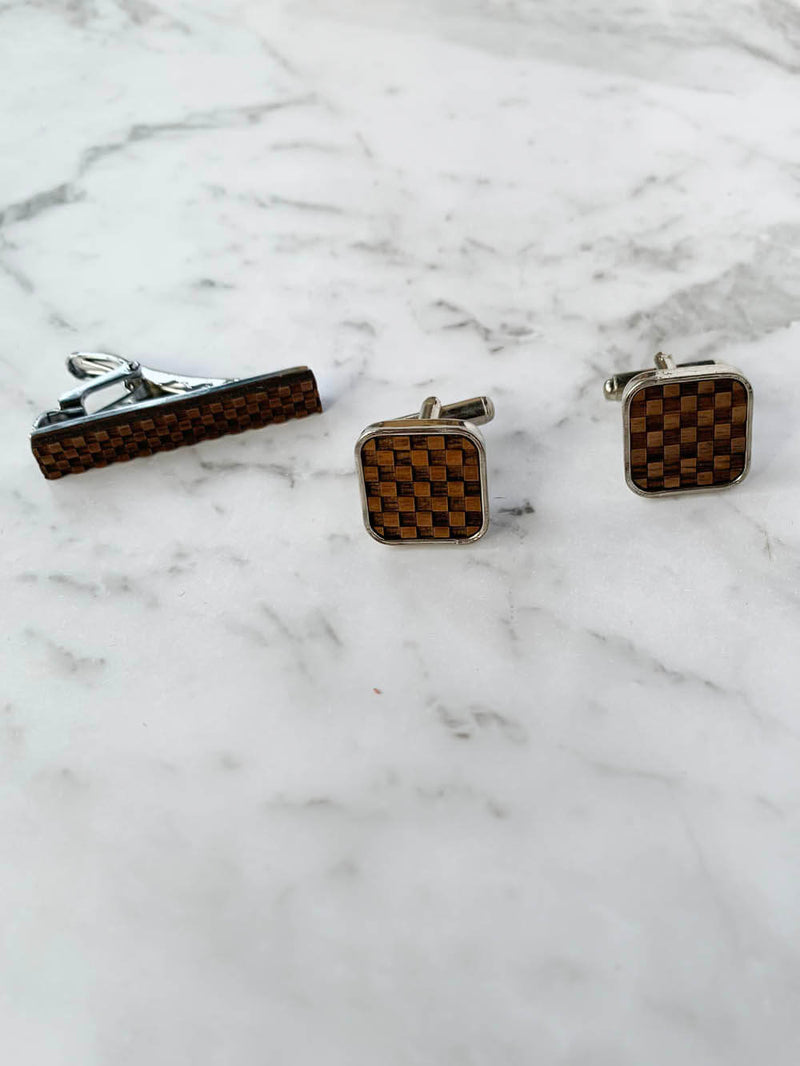 Deluxe Dark Walnut Checkered Wooden Cufflinks and Wood Tie Bar | Gifts For Him