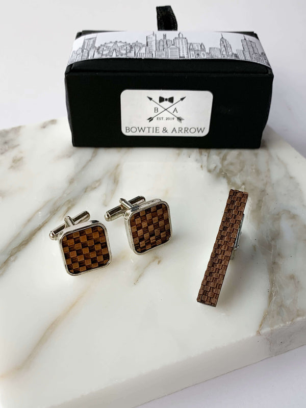 Dark Walnut Checkered Wooden Cufflinks and Wooden Tie Bar In Gift Box