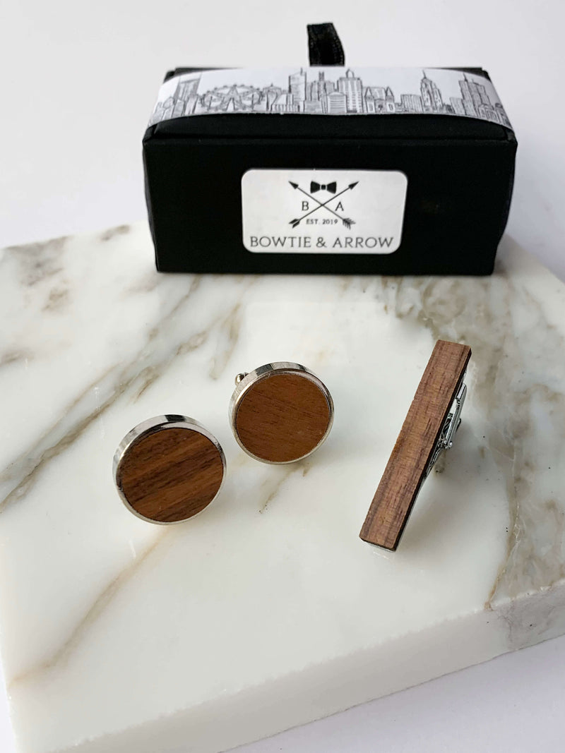 Wooden Cufflinks With Wooden Tie Bar in Gift Box | Cufflinks Australia