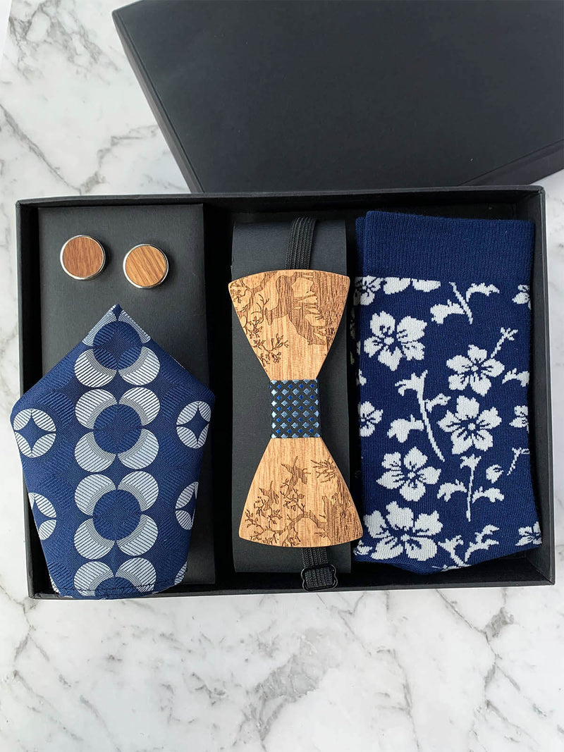 Mens Wood Bowtie Gift Set with Navy Floral and Deer Motifs | Bowtie & Arrow Australia