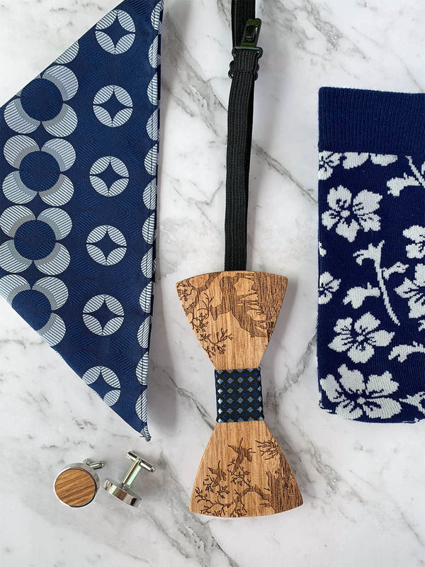 Mens Wooden Bowtie Set with Navy Floral Silk Pocket Square and Socks | Bowtie & Arrow Australia