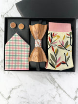 Wooden Bow Tie and Cufflinks with Pink Pocket Square and Socks Gift Box for Wedding | Bowtie & Arrow Australia