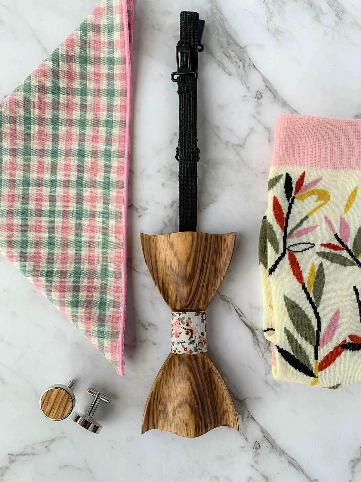 Wooden Bow Tie, Wood Cufflinks, Pink Floral Pocket Square and Matching Socks Flatlay | Bowtie & Arrow