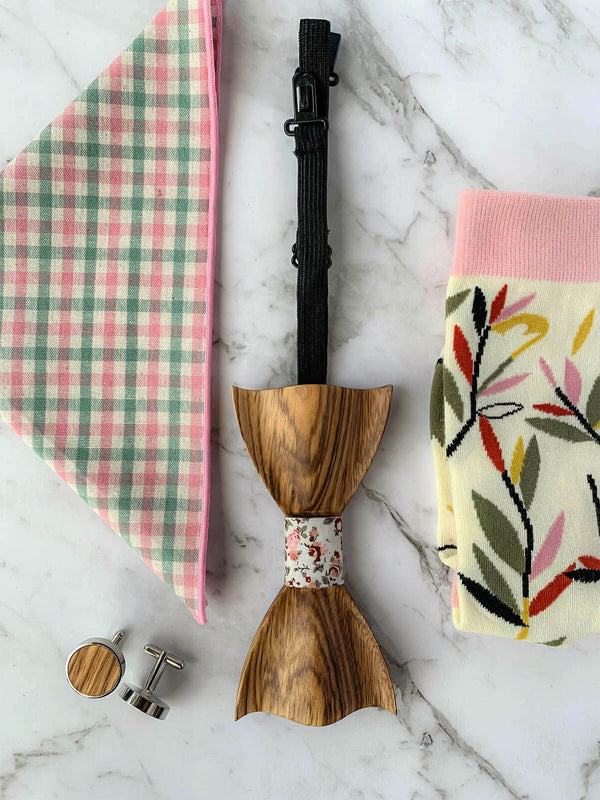 Wooden Bow Tie, Wood Cufflinks, Pink Floral Pocket Square and Matching Socks Flatlay | Bowtie & Arrow