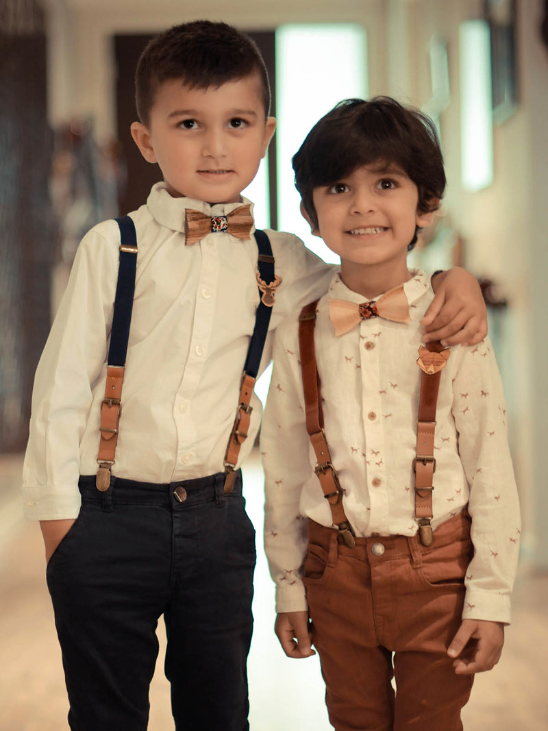 Kids Navy Wooden Bow Tie, Suspenders & Brooch Set