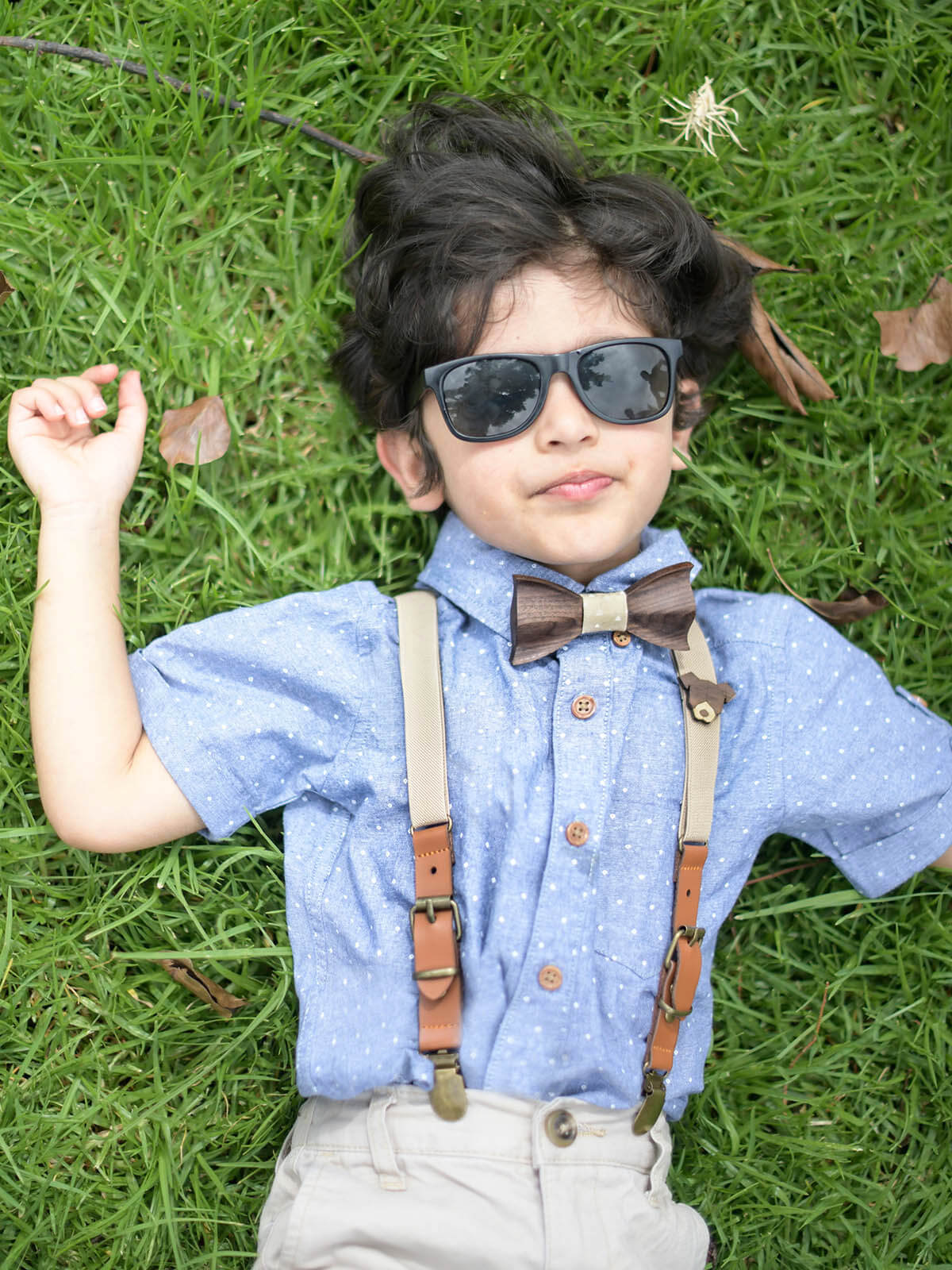 Kids Oatmeal Wooden Bow Tie, Suspenders & Brooch Set