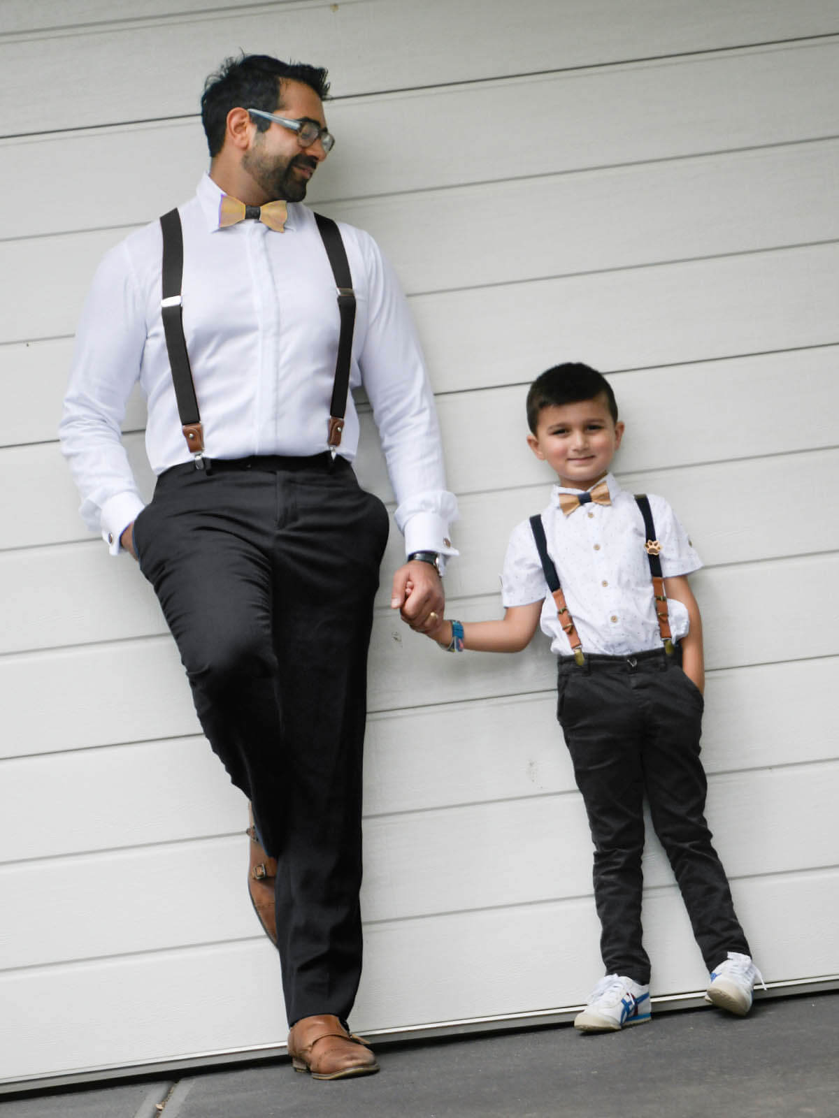 Black Leather Trim Suspenders, Wooden Bowtie & Cufflinks Set