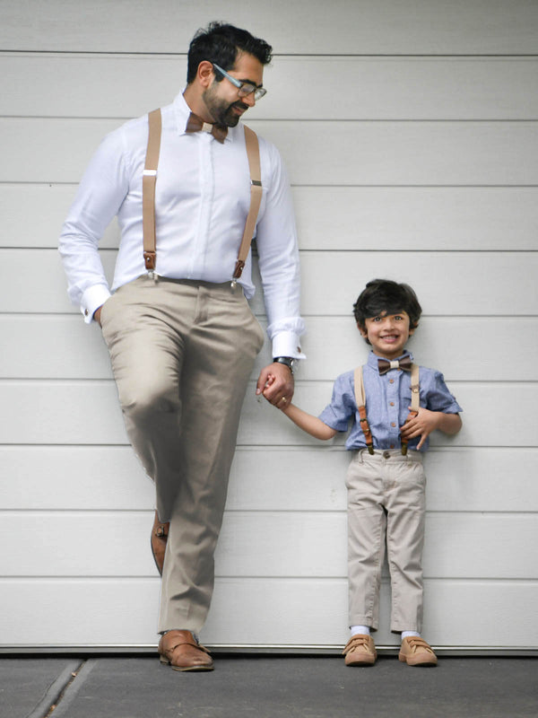 Kids Oatmeal Wooden Bow Tie, Suspenders & Brooch Set