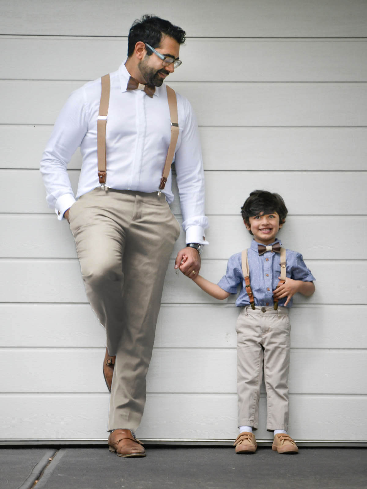 Oatmeal Leather Trim Suspenders, Wooden Bowtie & Cufflinks Set