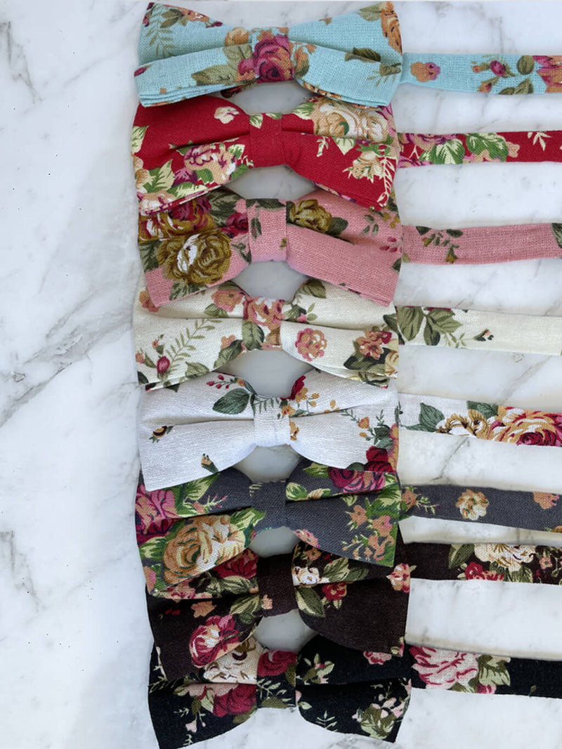 Burgundy Leather Trim Suspenders & Linen/Cotton Floral Bow Tie Set