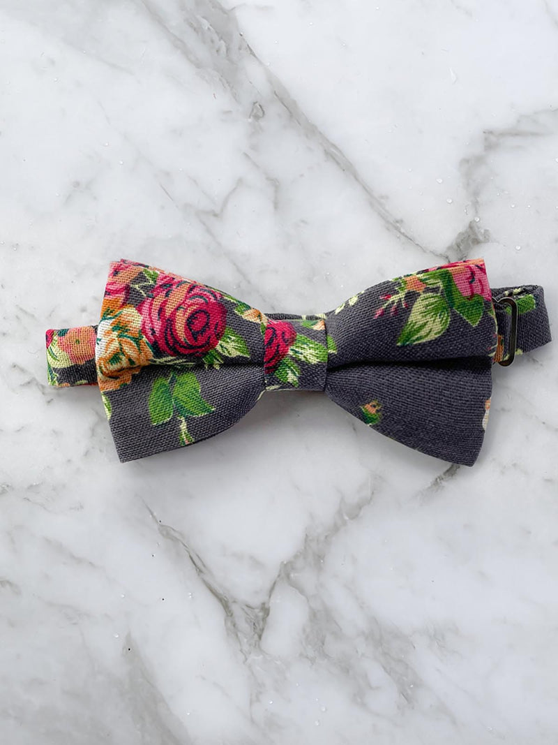 Charcoal Linen Floral Bow Tie