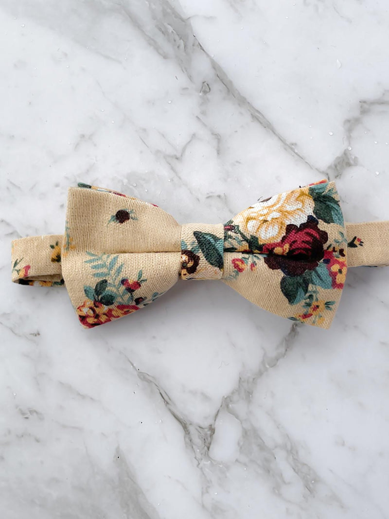 Beige Linen Floral Bow Tie