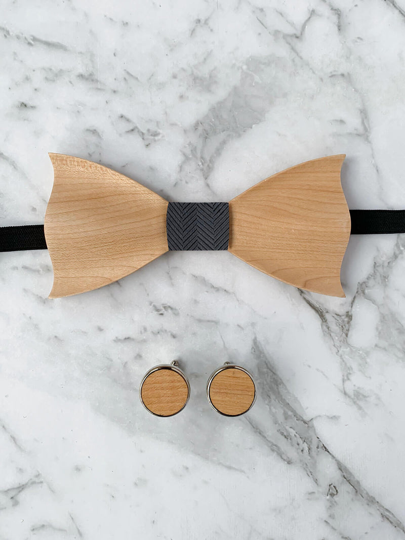 Wooden Bow Tie & Wooden Cufflinks | Maple Wood & Silver Silk Bowtie