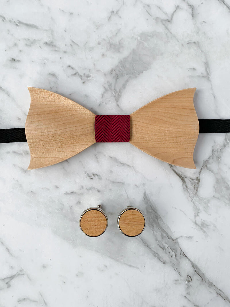 Wooden Bow Tie & Wooden Cufflinks | Maple Wood & Red Silk Bowtie