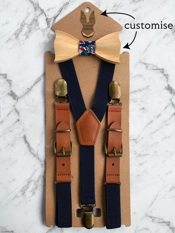 Kids Navy Wooden Bow Tie, Suspenders & Brooch Set