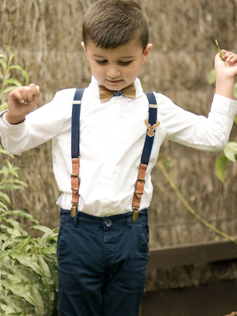 Kids Navy Wooden Bow Tie, Suspenders & Brooch Set