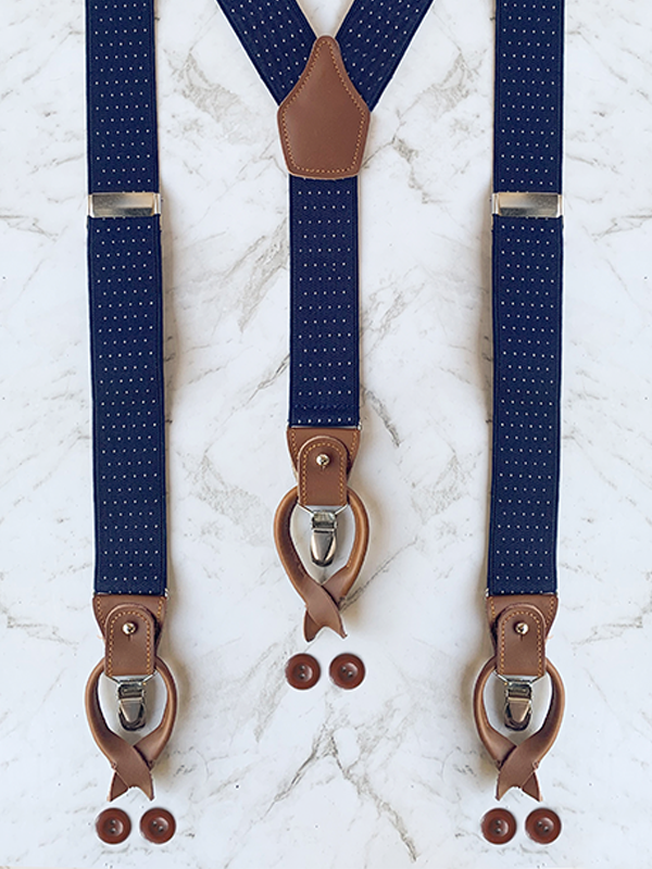 Navy Pin Dot Pattern Leather Trim Clip/Button Convertible Suspenders
