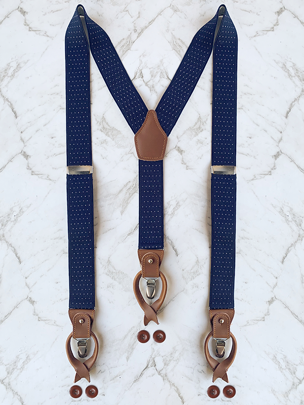 Navy Pin Dot Pattern Leather Trim Clip/Button Convertible Suspenders