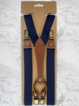 Navy Slimline Leather Trim Lightweight Suspenders