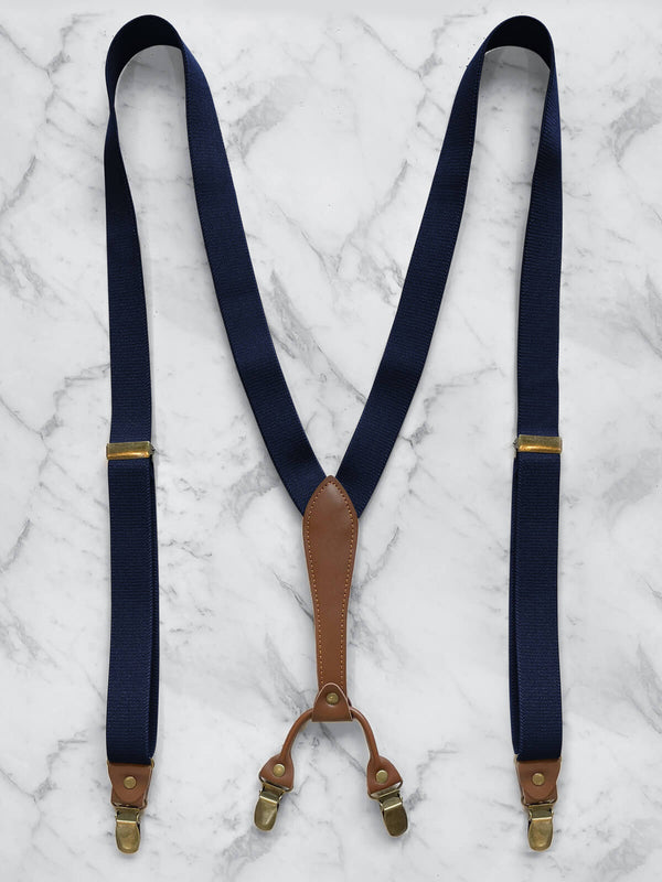 Navy Slimline Leather Trim Lightweight Suspenders