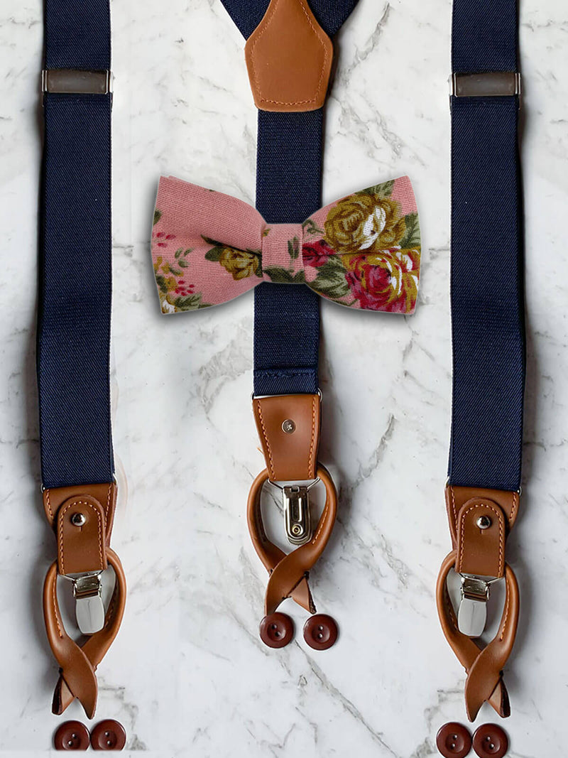 Navy Leather Trim Suspenders & Linen/Cotton Floral Bow Tie Set