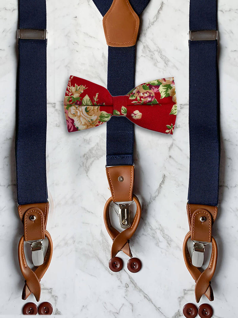 Navy Leather Trim Suspenders & Linen/Cotton Floral Bow Tie Set
