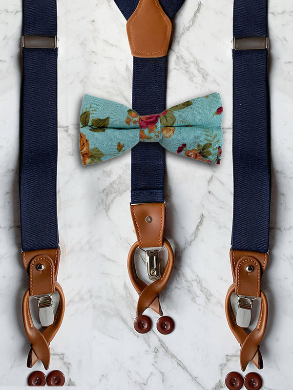 Navy Leather Trim Suspenders & Linen/Cotton Floral Bow Tie Set