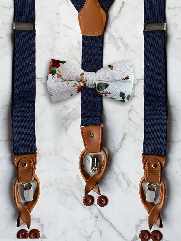 Navy Leather Trim Suspenders & Linen/Cotton Floral Bow Tie Set