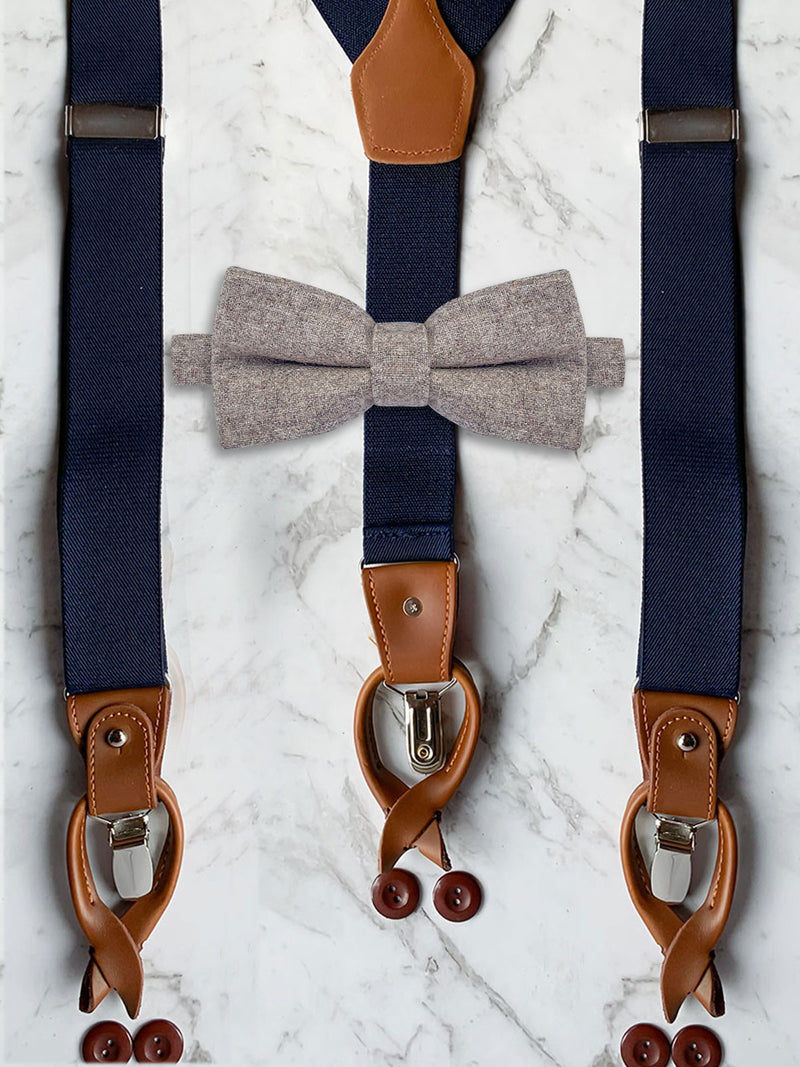 Navy Leather Trim Suspenders & Woollen Bow Tie Set