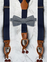 Navy Leather Trim Suspenders & Woollen Bow Tie Set