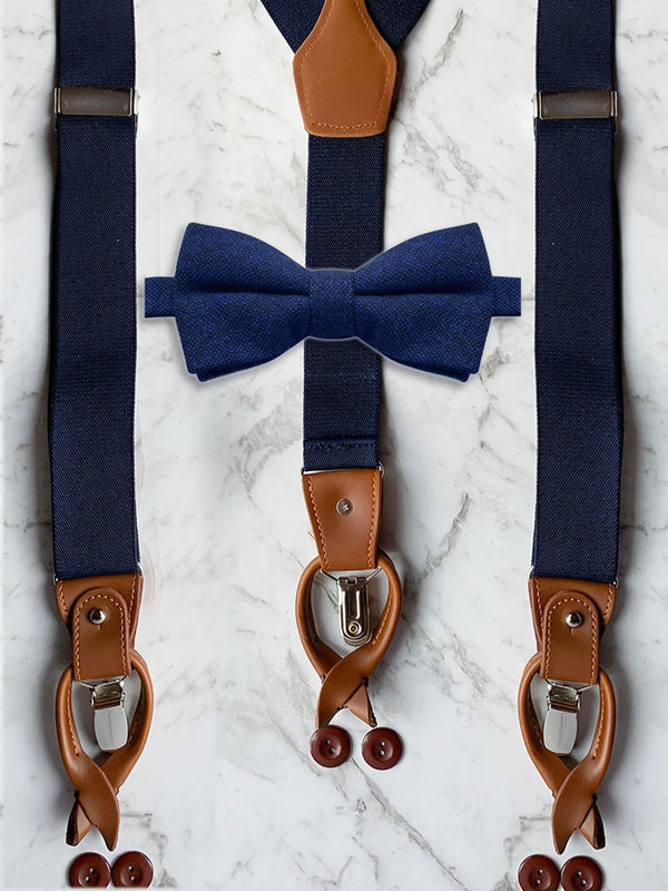 Navy Leather Trim Suspenders & Woollen Bow Tie Set