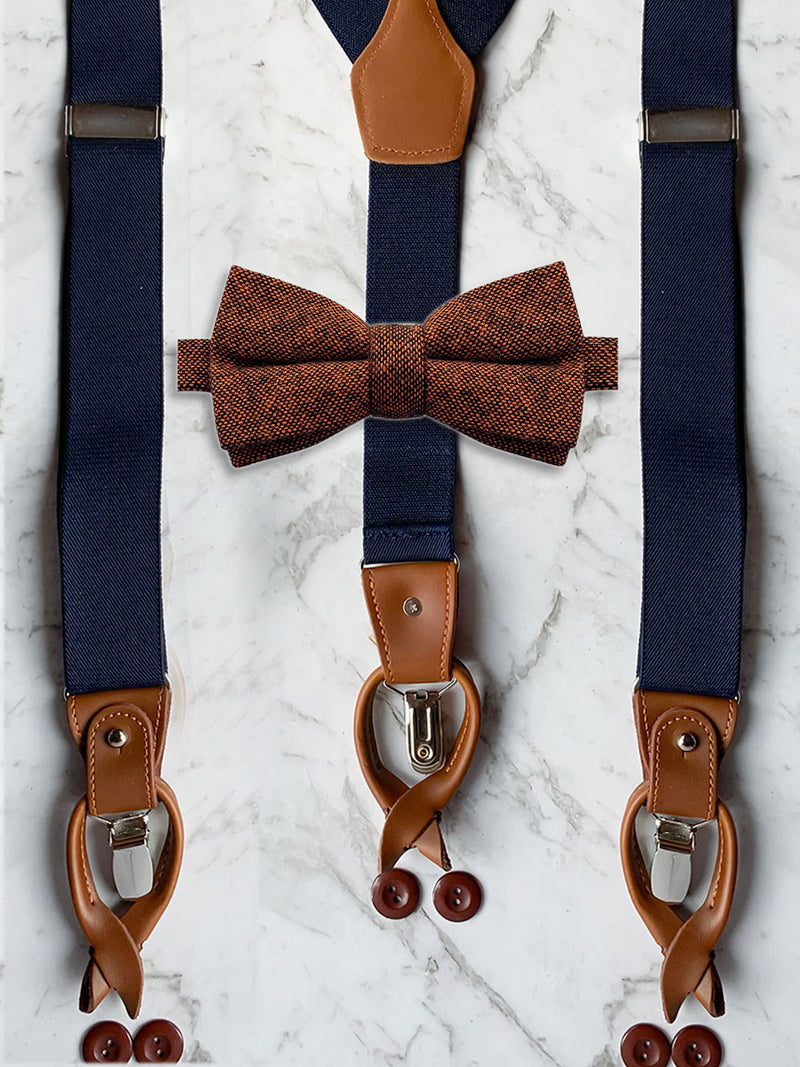 Navy Leather Trim Suspenders & Woollen Bow Tie Set