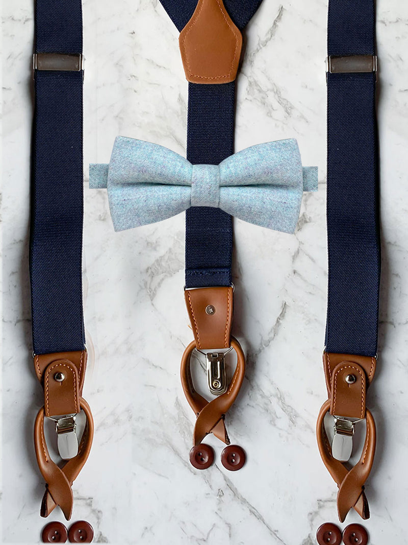 Navy Leather Trim Suspenders & Woollen Bow Tie Set