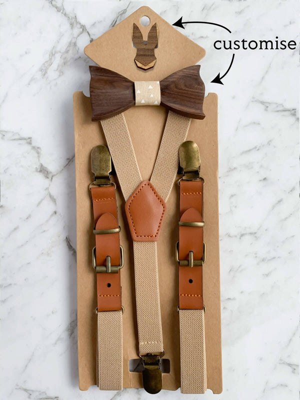 Kids Oatmeal Wooden Bow Tie, Suspenders & Brooch Set