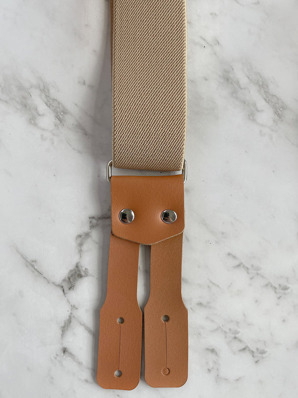 Oatmeal Leather Trim X-Back Button Suspenders