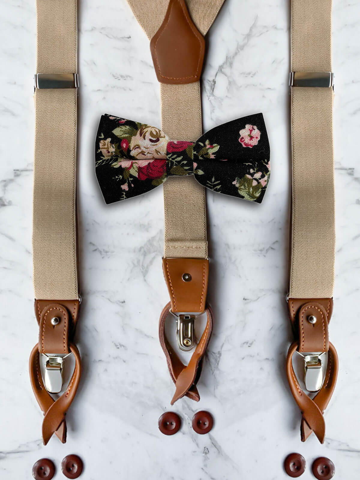 Oatmeal Leather Trim Suspenders & Linen/Cotton Floral Bow Tie Set