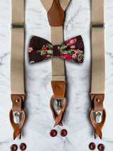 Oatmeal Leather Trim Suspenders & Linen/Cotton Floral Bow Tie Set