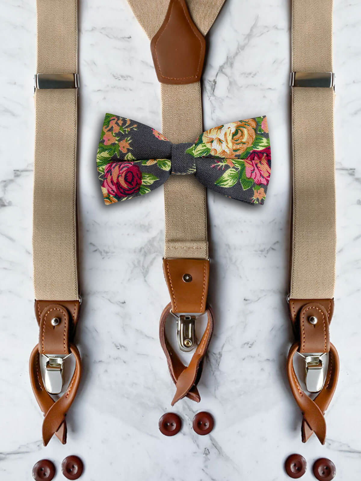 Oatmeal Leather Trim Suspenders & Linen/Cotton Floral Bow Tie Set