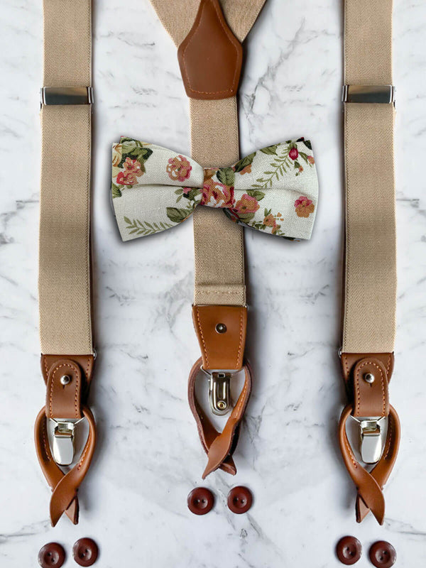 Oatmeal Leather Trim Suspenders & Linen/Cotton Floral Bow Tie Set