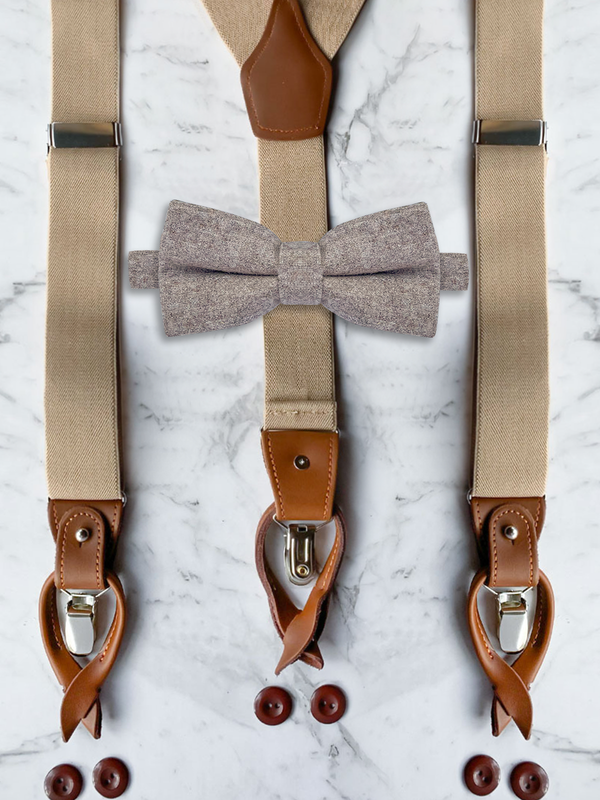 Oatmeal Leather Trim Suspenders & Wool Bow Tie Set