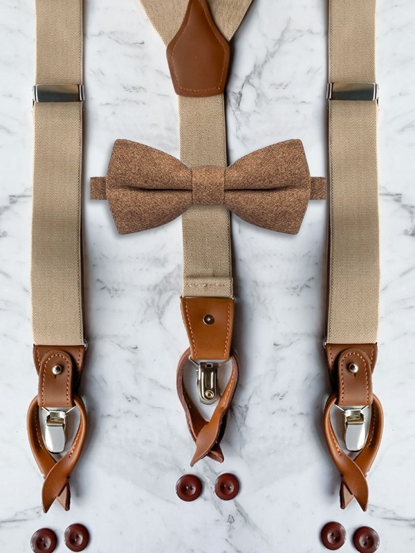 Oatmeal Leather Trim Suspenders & Wool Bow Tie Set