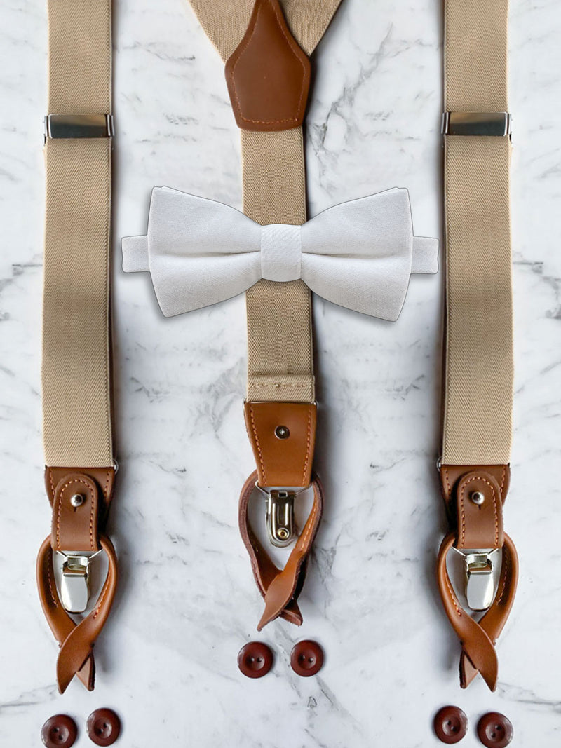 Oatmeal Leather Trim Suspenders & Wool Bow Tie Set