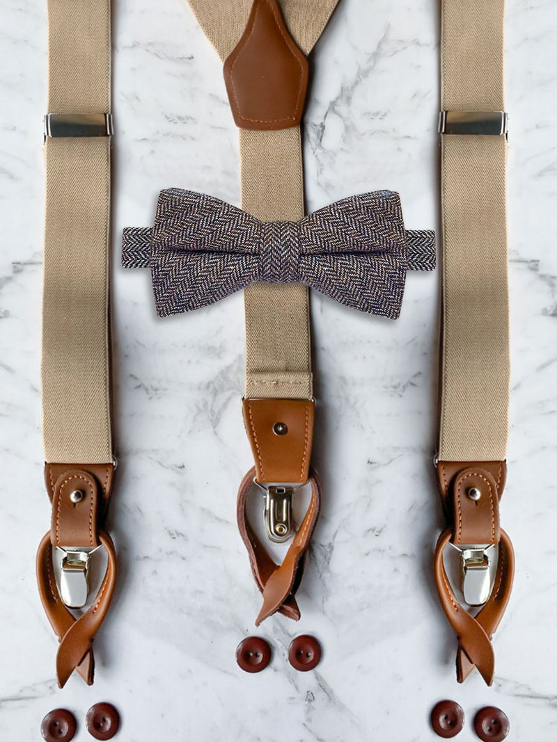 Oatmeal Leather Trim Suspenders & Wool Bow Tie Set