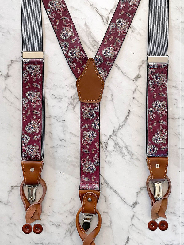 Burgundy Paisley Leather Trim Clip/Button Convertible Suspenders