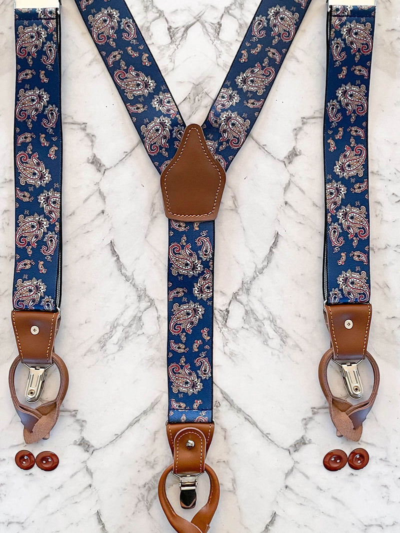 Navy Paisley Leather Trim Clip/Button Convertible Suspenders